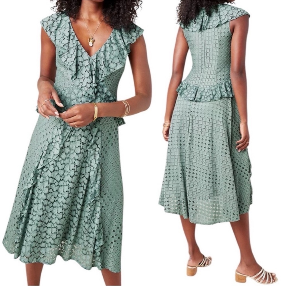 Anthropologie sea-foam green ruffle & lace Midi Dress